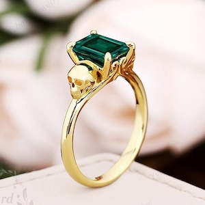 Antique Skull Ring Lab Created Emerald Engagement Ring Solid Gold Solitaire Ring For Women Art Deco Ring Hidden Lab Ruby Ring Halloween Ring