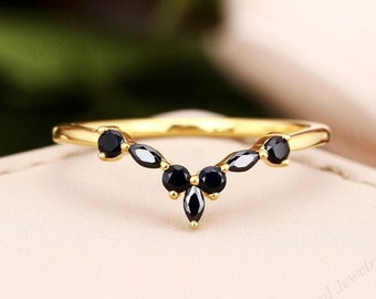 Vintage Natural Black Sapphire Curved Wedding Band Solid 14K Yellow Gold Matching Stacking Ring Band Art Deco Ring Unique Anniversary Ring