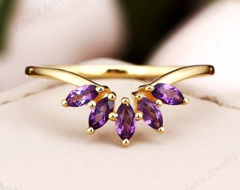 Amethyst Wedding Band Curved Band Solid 14K Yellow Gold Unique Marquise Cut Dainty Stacking Matching Bridal Band Anniversary Gift For Her