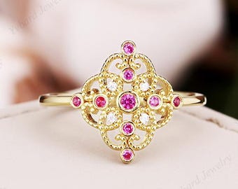 Vintage Natural Ruby Engagement Ring Solid Yellow Gold Cluster Ring Diamond Bridal Ring Art Deco Ring Milgrain Wedding Ring Anniversary Ring