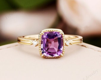 Amethyst Engagement Ring Natural Diamond Ring Vintage 14K Yellow Gold Wedding Ring Art deco Dainty Unique Milgrain Anniversary Promise Ring