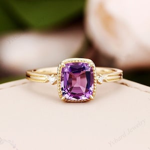 Amethyst Engagement Ring Natural Diamond Ring Vintage 14K Yellow Gold Wedding Ring Art deco Dainty Unique Milgrain Anniversary Promise Ring