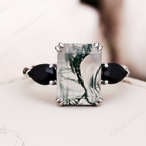 Emerald Cut Moss Agate Engagement Ring Black Onyx Three Stone Ring 14K White Gold Wedding Bridal Ring Anniversary Ring Promise Ring For Her