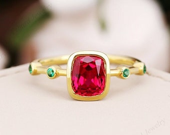 1CT Red Ruby Engagement Ring Cushion Cut Lab Created Ruby Ring 14K/10K Solid Gold Ring Antique Art Deco Women Promise Ring Anniversary Gift