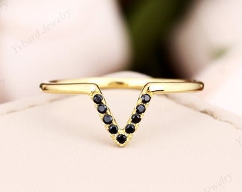 Natural Black Diamond Wedding Ring Band, 14K Yellow Gold Art Deco Matching Ring, V Shaped Curved Band, Ladies Diamond Ring, Stacking Ring