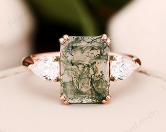 Emerald Cut Moss Agate Engagement Ring Moissanite Three Stone Ring Rose Gold Wedding Bridal Ring Anniversary Ring Promise Ring For Her