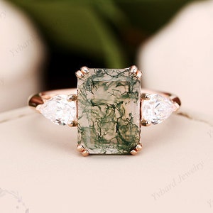 Emerald Cut Moss Agate Engagement Ring Moissanite Three Stone Ring Rose Gold Wedding Bridal Ring Anniversary Ring Promise Ring For Her