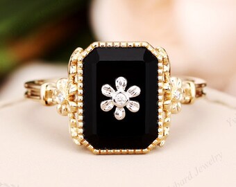 Anillo de compromiso de ónix negro, oro macizo y plata, estilo art déco vintage, anillo de piedras preciosas negras, diseño floral único, anillo de promesa, regalo de aniversario.