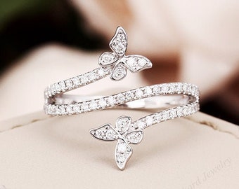 Dainty Butterfly Ring, Solid 14K White Gold Ring, Diamond / Moissanite Anniversary Ring, Gift for Her, Valentine&#39;s Day, Wedding Fine Jewelry