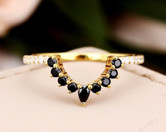 Curved Wedding Band Solid  14K Yellow Gold Unique Black Sapphire Wedding Band Moissanite Anniversary Band Vintage Stacking Ring Promise Gift