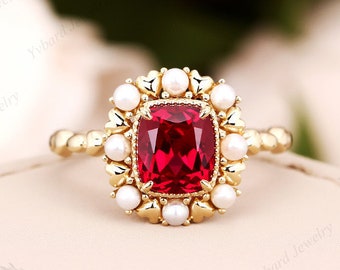 Vintage Ruby Engagement Ring Solid Yellow Gold Bridal Ring Natural Peal Halo Ring Art Deco Promise Ring For Women Delicate Ruby Ring Gifts