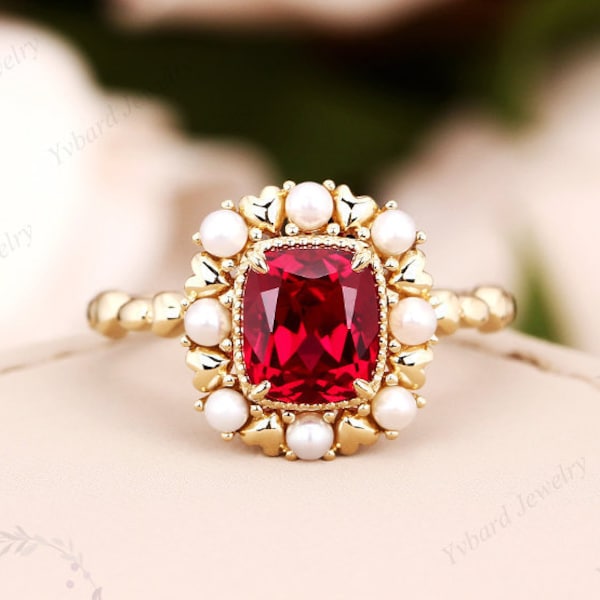 Vintage Ruby Engagement Ring Solid Yellow Gold Bridal Ring Natural Peal Halo Ring Art Deco Promise Ring For Women Delicate Ruby Ring Gifts