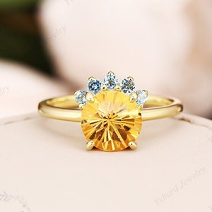 Gorgeous Natural Citrine Engagement Ring, Round Fireworks Cut Cirtrine Wedding Ring, 14K Yellow Gold Women's Ring, Antique Gemstone Ring