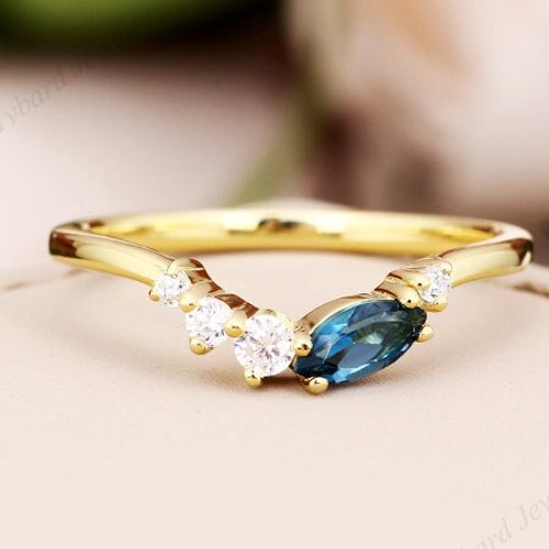 London Blue Topaz Ring Curved Wedding Band Unique 14K Yellow Etsy