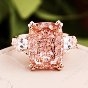 Unique Honeycomb Cut Pink Spinel Ring White Sapphire Three Stone Ring 925 Sterling Silver Gold Art Deco Ring Large Cocktail Engagement Ring