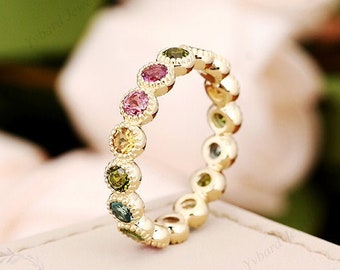 Natural Colored Tourmaline Ring, Rainbow Band Ring, Solid 14K Yellow Gold Dainty Ring, Multi Gemstone Ring, Wedding Band,Full Eternity Band
