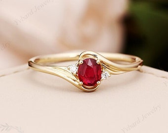 Natural Ruby Engagement Ring Oval Cut 18K Yellow Gold Twist Engagement Ring Diamond Ruby Wedding Band Anniversary Ring Promise Ring Women