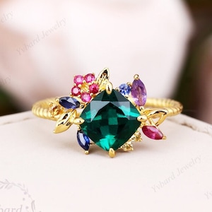 Solid 14K Yellow Gold Engagement Ring Colored Multi Gemstone Ring 2.2CT Green Emerald Ring Art Deco Promise Ring Anniversary Gift for Women
