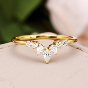 Moissanite Wedding Band Curved Wedding Band 14K Yellow Gold Stacking Ring Vintage Pear Unique Anniversary Band Matching Bridal Promise Band