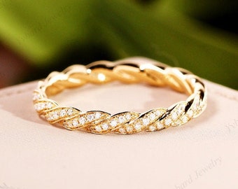 Moissanite Full Eternity Wedding Band Solid 14K Yellow Gold Anniversary Rings Pave Set Unique Twist Band Stacking Ring Promise Matching Band
