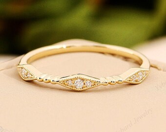 Moissanite Wedding Band Solid 14K Yellow Gold Band Moissanite Half Eternity Band Dainty Matching Stacking Ring Bridal Ring Anniversary Band