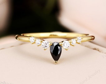 Pear Cut Black Sapphire Wedding Band Moissanite 14K Yellow Gold Vintage Curved Band Bridal Delicate Stacking Ring Matching Band Promise Gift