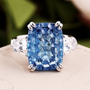Unique Honeycomb Cut Blue Spinel Ring White Sapphire Three Stone Ring 925 Sterling Silver 14K Gold Party Ring Large Cocktail Engagement Ring