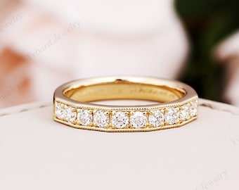 Anillo de boda Moissanite de corte redondo, banda de boda de 10 piedras, anillo nupcial Moissanite de oro amarillo sólido, anillo de promesa de aniversario, anillo para mujeres
