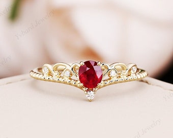 Natural Ruby Engagement Ring Oval Cut Red Ruby Ring Solid Gold Unique Crown Ring Diamond Wedding Band Anniversary Ring Promise Ring Women