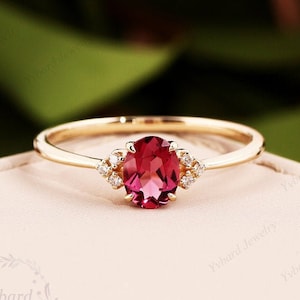 Solid 14K Yellow Gold Genuine 0.5CT Oval Cut Natural Tourmaline Gemstone & Diamond Ring Handmade Fine Jewelry Birthday Gift