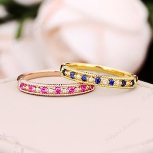 Solid Gold Gemstone Ring, Ruby Wedding Band, Sapphire Wedding Band, Diamond Matching Ring, Half Eternity Stacking Band, Delicate Bridal Band