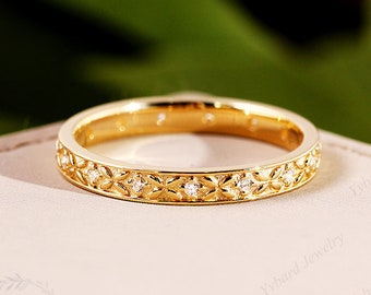 Diamond Full Eternity Band 14K Solid Yellow Gold Ring Wedding Band Exquisite Pattern Art Deco Band Dainty Matching Band Anniversary Band