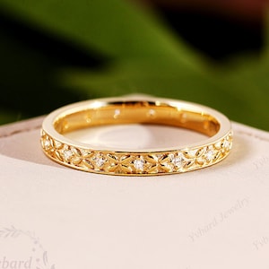 Diamond Full Eternity Band 14K Solid Yellow Gold Ring Wedding Band Exquisite Pattern Art Deco Band Dainty Matching Band Anniversary Band