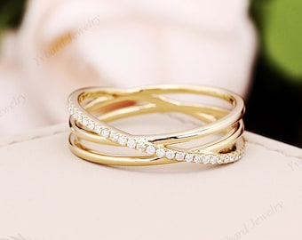 Solid 14K/18K Yellow Gold Diamond Criss Cross Statement Ring, Diamond Dainty Ring, Natural Diamond Minimalist Ring, Unique Anniversary Ring