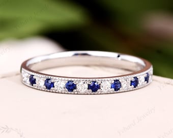 Natural Sapphire Diamond Wedding Ring Dainty Band Milgrain Solid 14K White Gold Diamond Sapphire Anniversary Bridal Band Jewelry For Women