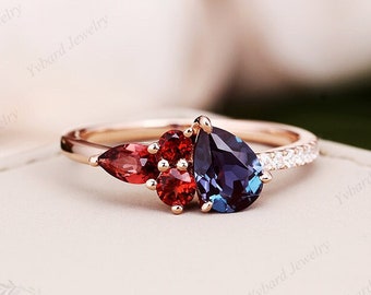 Multi Golor Edelsteen Verlovingsring, Peer 5x7mm Alexandrite Ring, Granaat Belofte Bruidsring, Verjaardagscadeau voor vrouwen, Solid Gold Cluster Ring