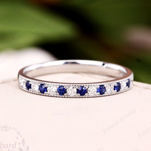 Natural Sapphire Diamond Wedding Ring Dainty Band Milgrain Solid 14K White Gold Diamond Sapphire Anniversary Bridal Band Jewelry For Women