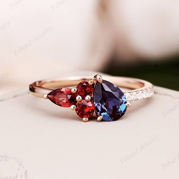 Multi Golor Gemstone Engagement Ring,Pear 5x7mm Alexandrite Ring,Garnet Promise Bridal Ring,Birthday Gift For Women,Solid Gold Cluster Ring