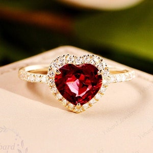 Red Garnet Engagement Ring Romantic Heart Shaped Wedding Ring Solid 14K Yellow Gold Halo Moissanite Ring Birthstone Anniversary Promise ring