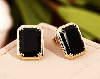 エメラルドカット ブラックオニキス イヤリング ソリッド 14K/10K イエローゴールド アールデコ ヴィンテージ スタッドイヤリング ブライダル 記念日 彼女へのギフト ハンドメイドジュエリー