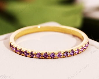 Natural Amethyst Ring Bridal Half Eternity 14K Yellow Gold Amethyst Matching Band Wedding Jewelry For Women Stacking Wedding Band