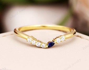 Marquise Cut Lab Sapphire Matching Ring Curved Band 14K Yellow Gold Moissanite Wedding Band Stacking Ring Dainty Women's Ring Birthday Gift