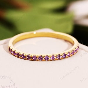 Natural Amethyst Ring Bridal Half Eternity 14K Yellow Gold Amethyst Matching Band Wedding Jewelry For Women Stacking Wedding Band