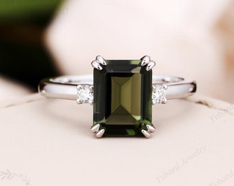 7*9mm Emerald Cut Green Tourmaline Ring, Solid 14K White Gold Diamond Ring, Dainty Ring Natuaral Tourmaline Ring Wedding Ring Gift For Women