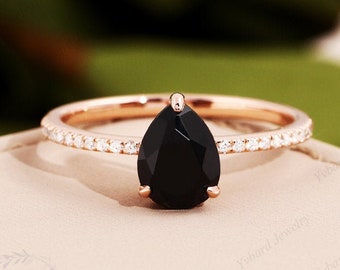 1.5CT Black Onyx Engagement Ring Pear Cut 14K Solid Rose Gold Vintage Moissanite Unique Bridal Jewelry Handmade Anniversary Wedding Ring