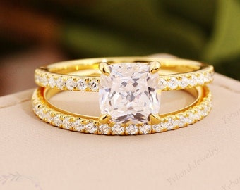 14K Solid Gold Wedding Sets,1.5CT Cushion Cut Moissanite Bridal Sets,Moissanite Ring Set,Promise Ring,Yellow Gold Engagement Ring For Women