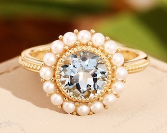 1.3ct Natural Aquamarine Engagement Ring, Gemstone Snowflake Halo Ring, Solid 14K Yellow Gold Pearl Wedding Promise Ring, Art Deco Ring