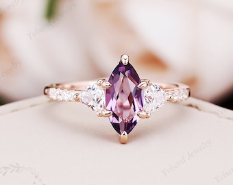 Natural Amethyst Engagement Ring Marquise Cut Amethyst Solid Gold Ring Moissanite Cluster Ring Three Stone Wedding Bridal Anniversary Ring