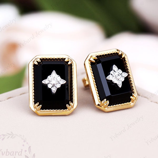 Emerald Cut Natural Black Onyx Earrings Vintage Real Diamond Solid Yellow Gold Art Deco Flower Stud Earrings Bridal Anniversary Gift For Her