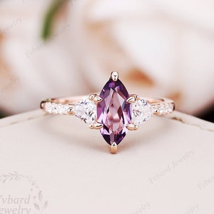Natural Amethyst Engagement Ring Marquise Cut Amethyst Solid Gold Ring Moissanite Cluster Ring Three Stone Wedding Bridal Anniversary Ring